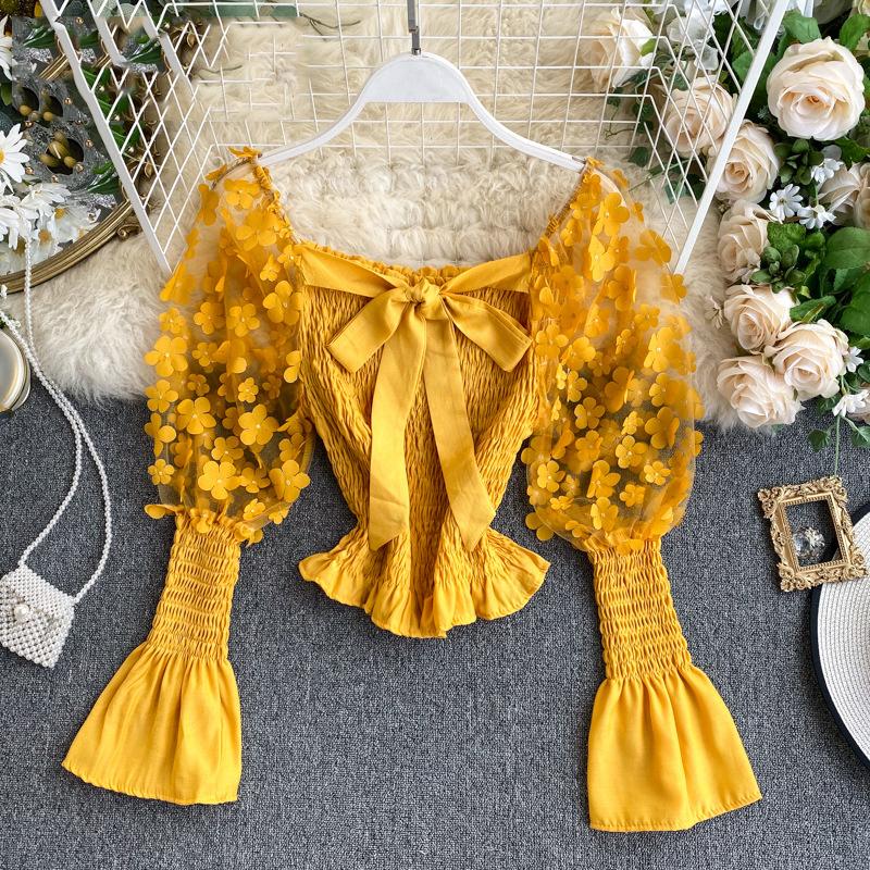 One Shoulder Chic Puff Sleeve Boho Blouse Women Hollow Out Smocking