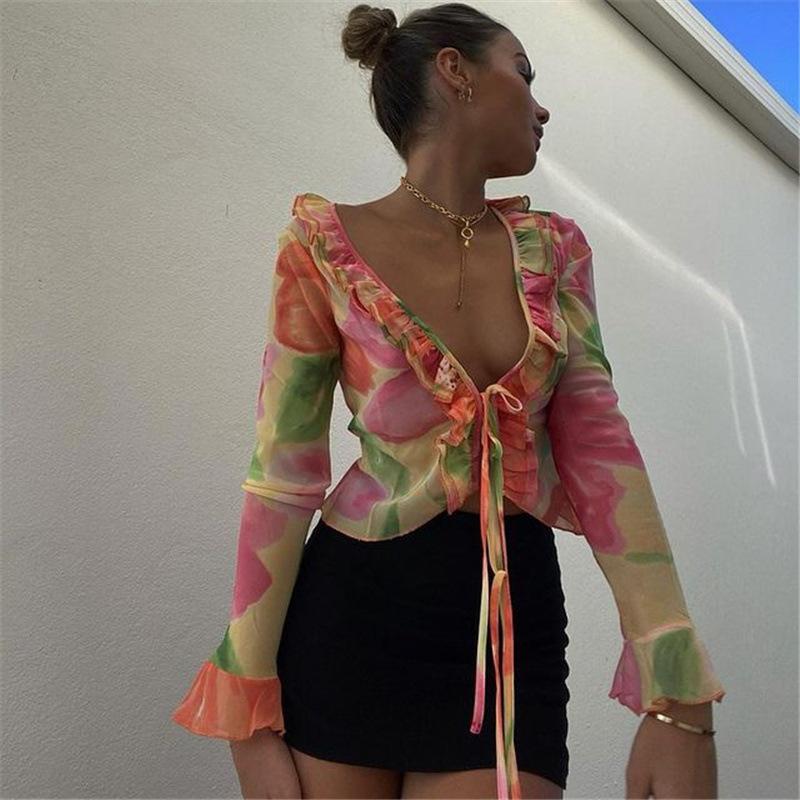 Printed Floral Ruffle Chiffon T Shirts Women V-neck Sexy Long Sleeve
