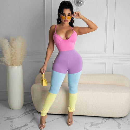 Jumpsuits Patchwork Spaghetti Strap Summer Casual Bodycon Rompers