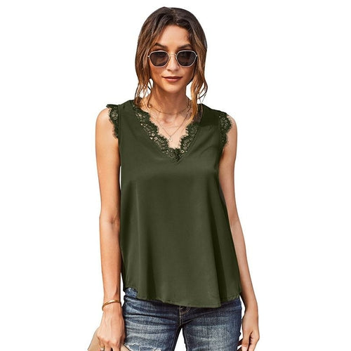 Women Summer Sexy Basic Lace Camisole Summer Knit Tank Top V Neck