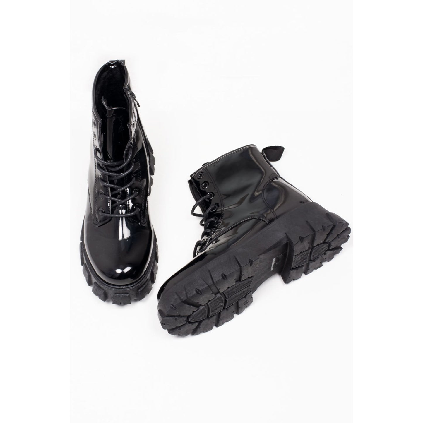 Lace Up Chunky Patent Ankle Boots in Black