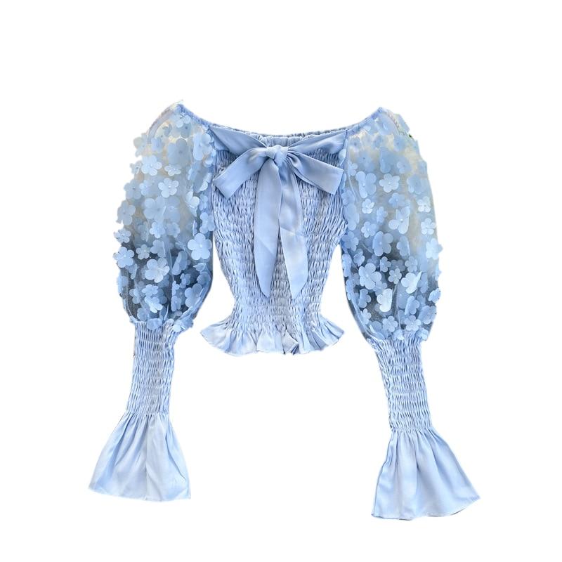 One Shoulder Chic Puff Sleeve Boho Blouse Women Hollow Out Smocking