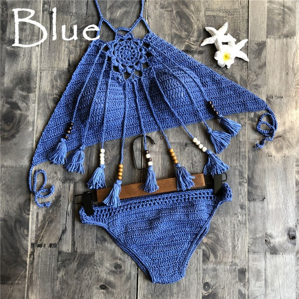 CROCHET BIKINI Sexy Halter Tie Knitting New Beach Swimwear Halter Beaded Tassel Crop Top Brazil Bikini Swimsuit Bathing Suit