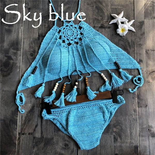 CROCHET BIKINI Sexy Halter Tie Knitting New Beach Swimwear Halter Beaded Tassel Crop Top Brazil Bikini Swimsuit Bathing Suit