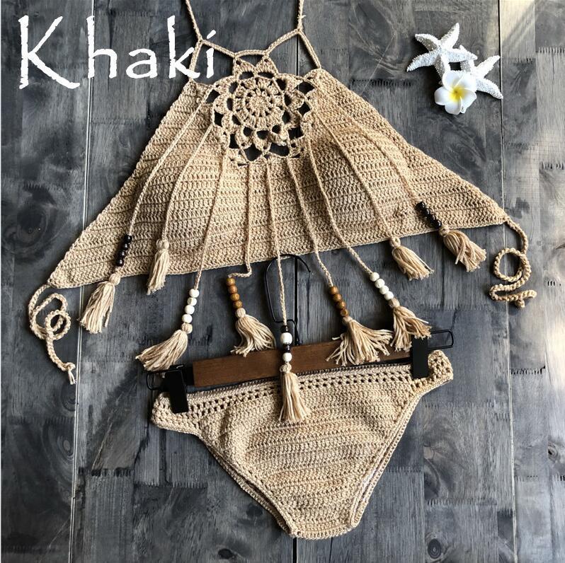 CROCHET BIKINI Sexy Halter Tie Knitting New Beach Swimwear Halter Beaded Tassel Crop Top Brazil Bikini Swimsuit Bathing Suit