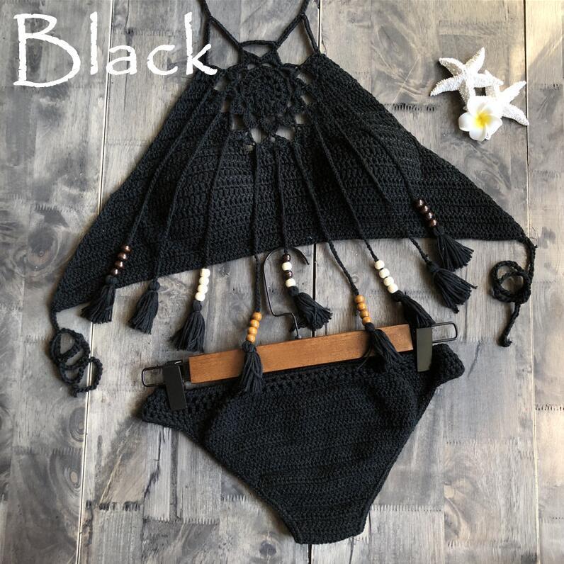 CROCHET BIKINI Sexy Halter Tie Knitting New Beach Swimwear Halter Beaded Tassel Crop Top Brazil Bikini Swimsuit Bathing Suit