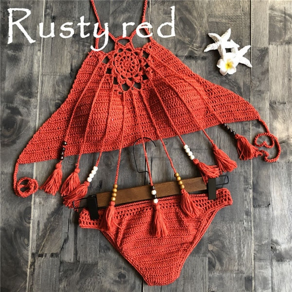 CROCHET BIKINI Sexy Halter Tie Knitting New Beach Swimwear Halter Beaded Tassel Crop Top Brazil Bikini Swimsuit Bathing Suit
