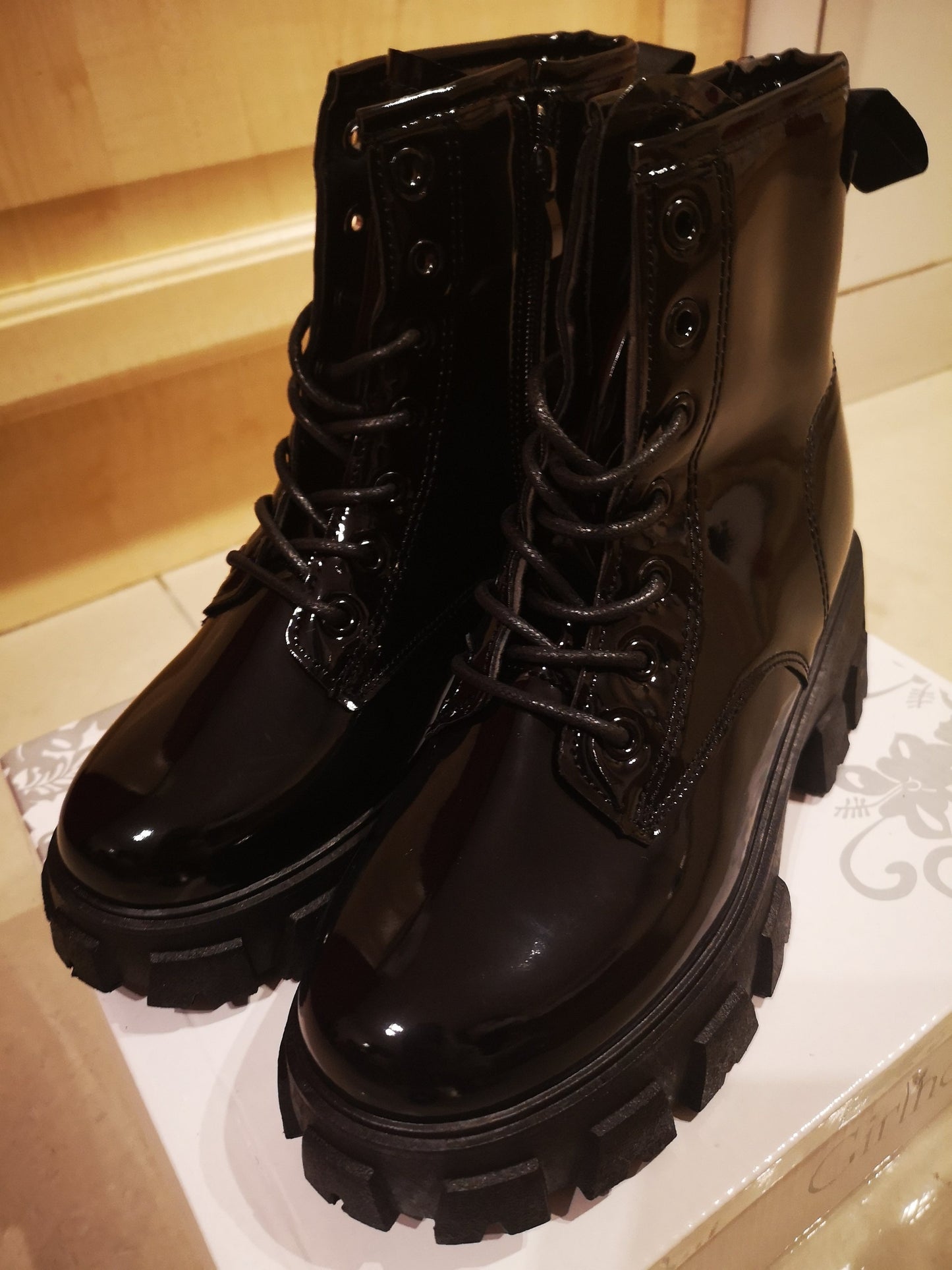 Lace Up Chunky Patent Ankle Boots in Black