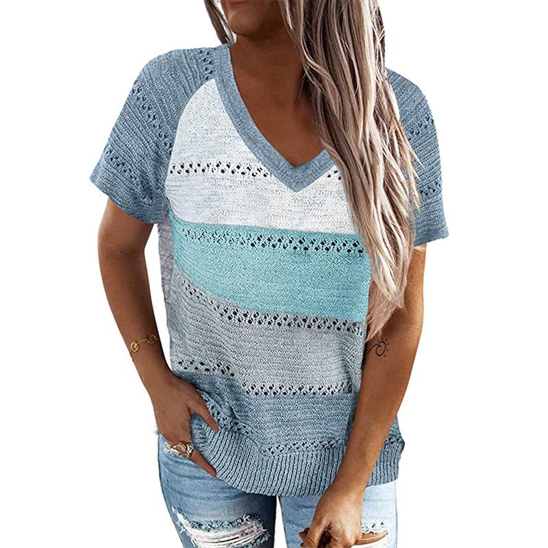 Patchwork Hooded Sweater Long Sleeve V-neck Knitted Sweater Casual