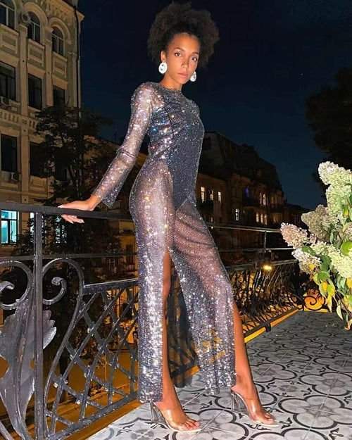 Sparkling Sheer Long Sleeve Dress with High Slit