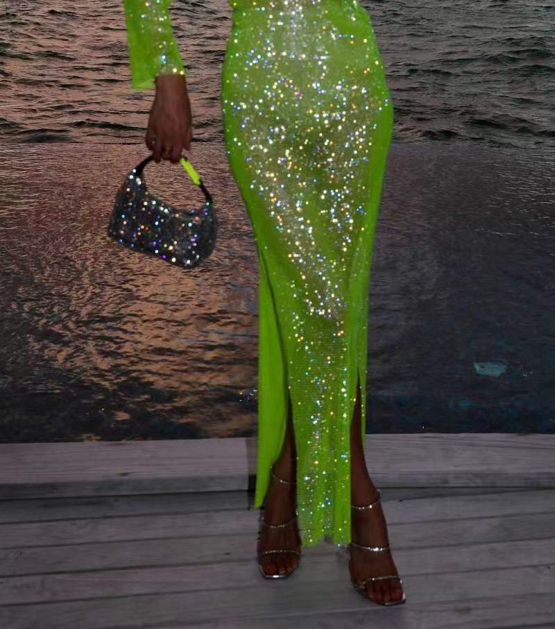Sparkling Sheer Long Sleeve Dress with High Slit