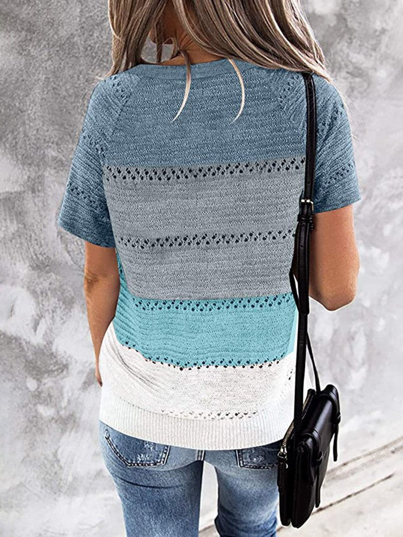 Patchwork Hooded Sweater Long Sleeve V-neck Knitted Sweater Casual
