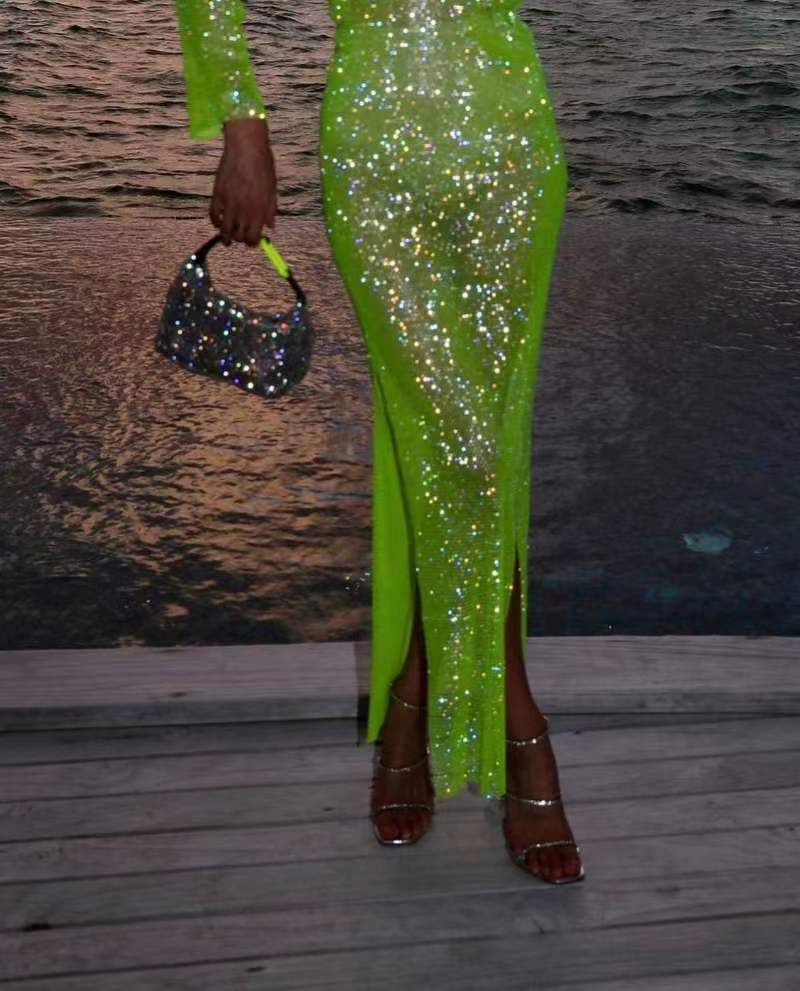 Sparkling Sheer Long Sleeve Dress with High Slit
