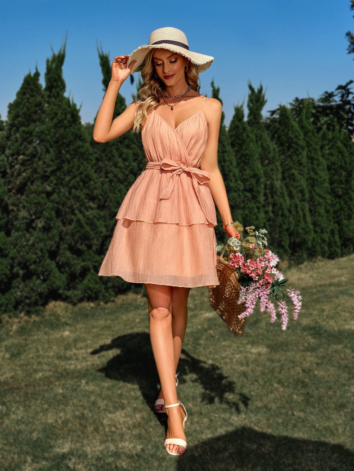 Solid Color V-neck Tie-Waist Slip Dress