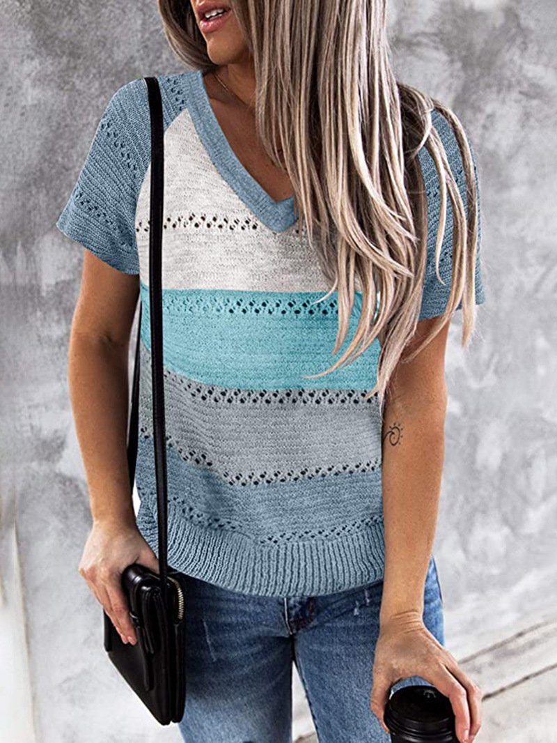 Patchwork Hooded Sweater Long Sleeve V-neck Knitted Sweater Casual