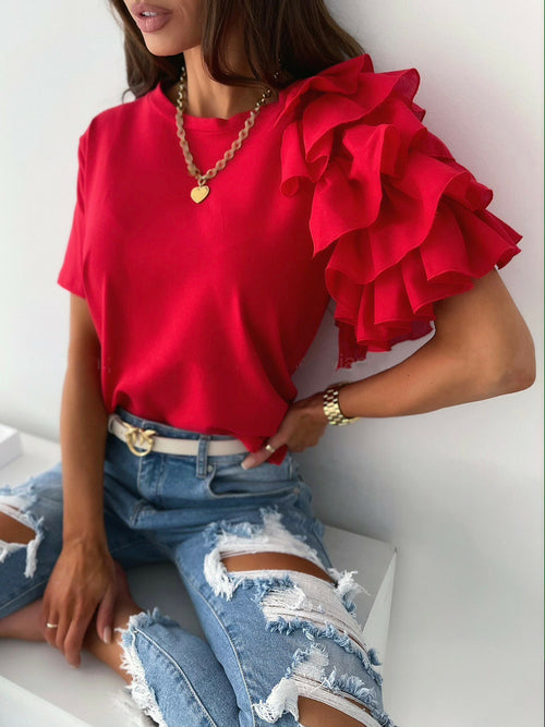 Summer Fashion Ruffle Short Sleeve Round Neck Ladies T-Shirt