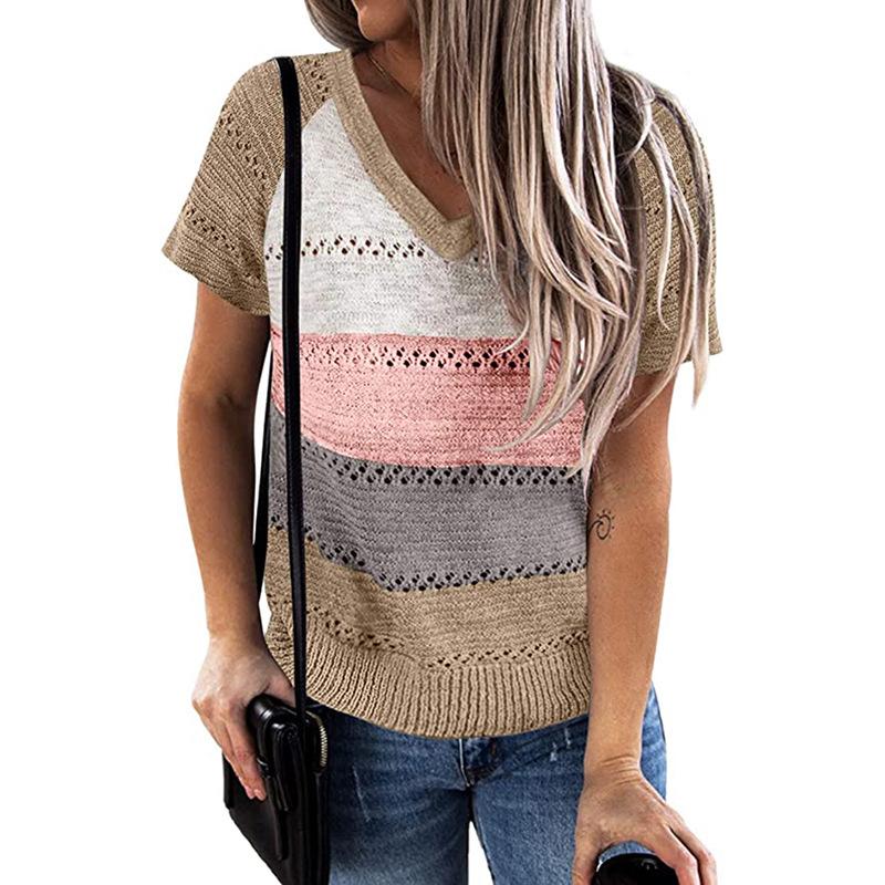 Patchwork Hooded Sweater Long Sleeve V-neck Knitted Sweater Casual