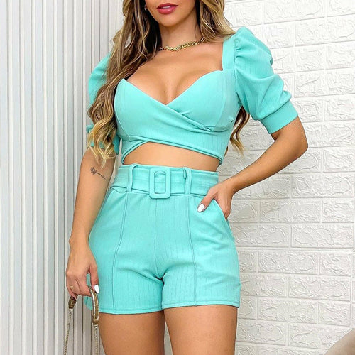 puff Sleeve Short Shirt and High Waist Shorts Casual Set