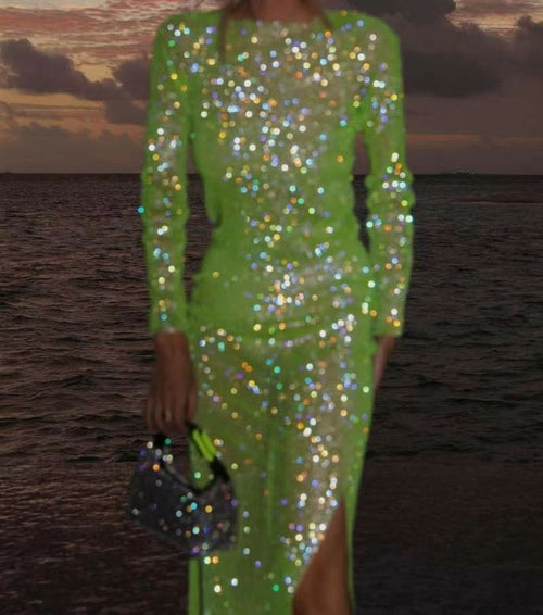 Sparkling Sheer Long Sleeve Dress with High Slit