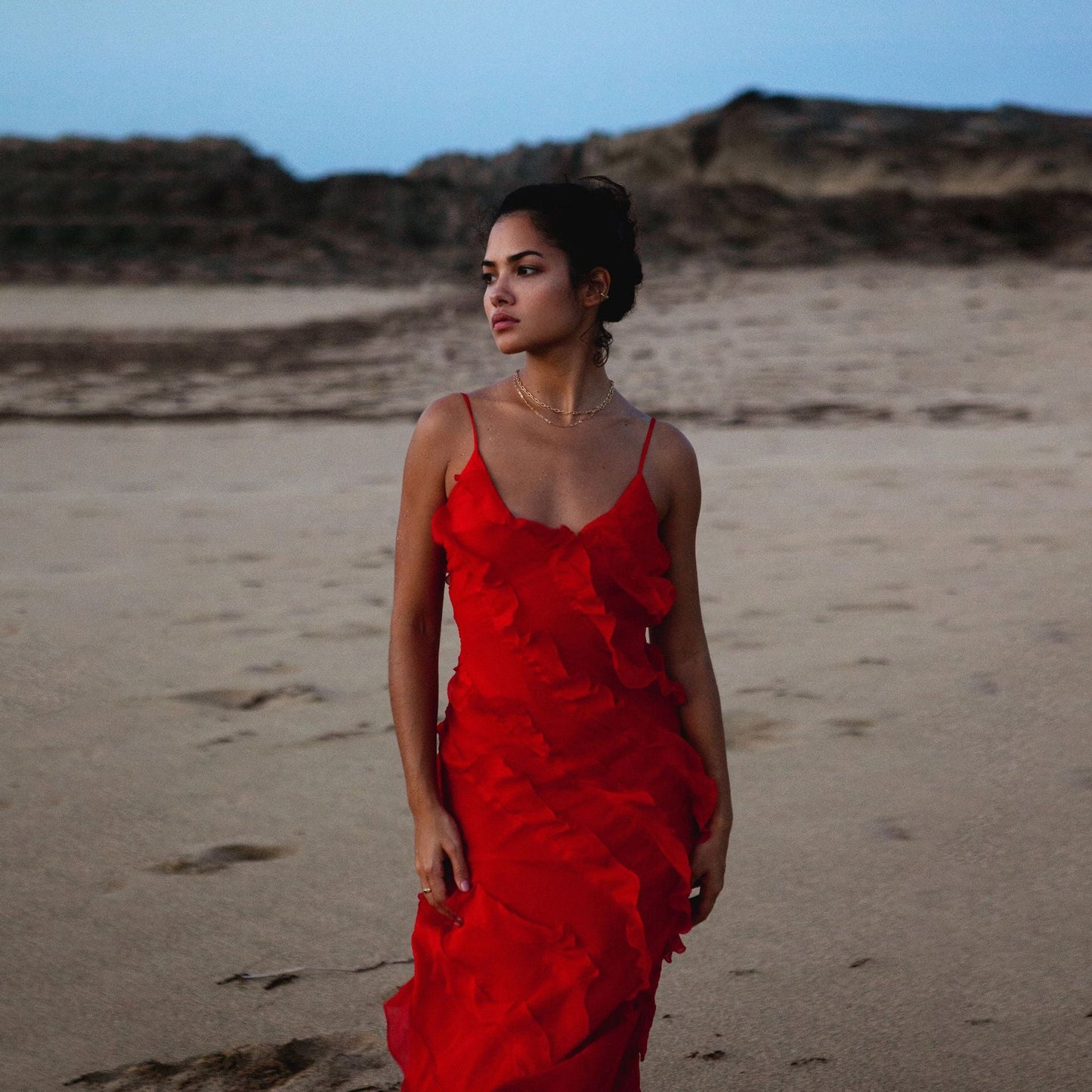 Backless Maxi Dress with High Slit and Ruffle Hem