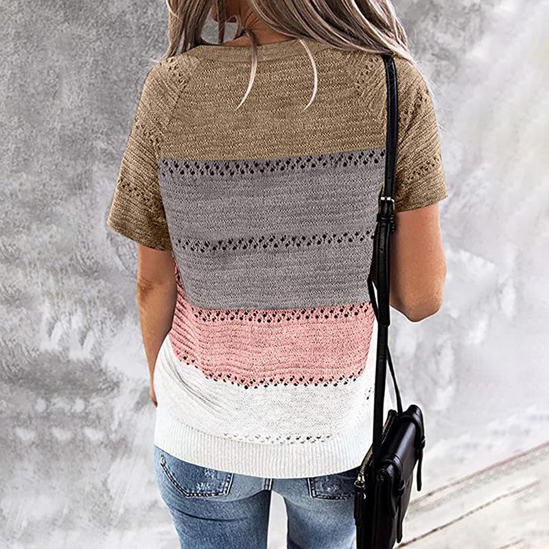 Patchwork Hooded Sweater Long Sleeve V-neck Knitted Sweater Casual