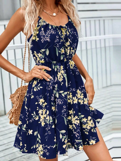 Elegant Sleeveless Printed Dress with Elastic Waist