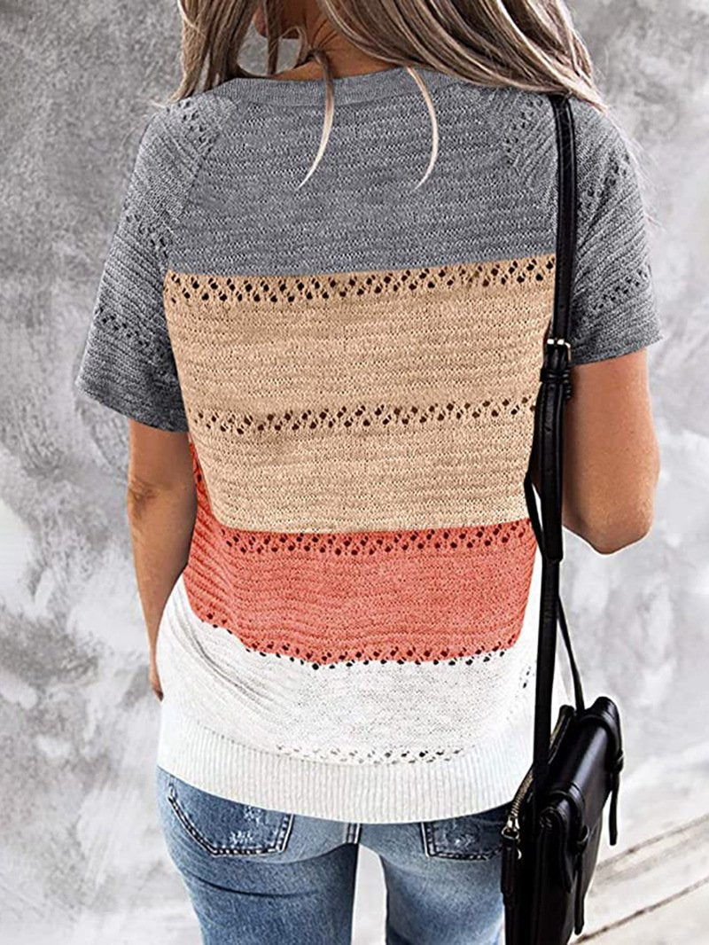 Patchwork Hooded Sweater Long Sleeve V-neck Knitted Sweater Casual