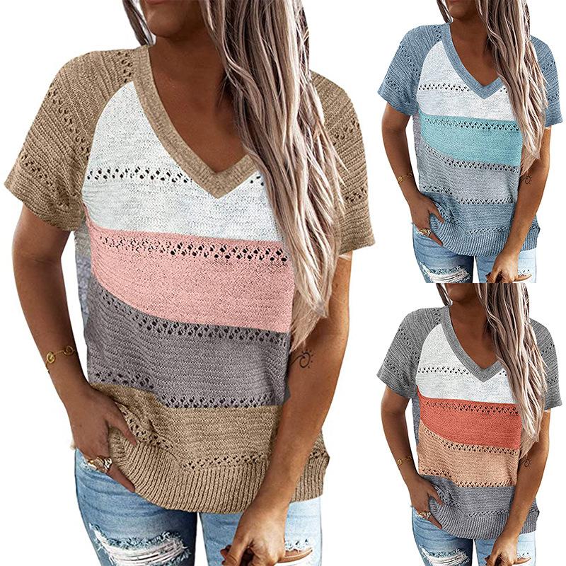 Patchwork Hooded Sweater Long Sleeve V-neck Knitted Sweater Casual
