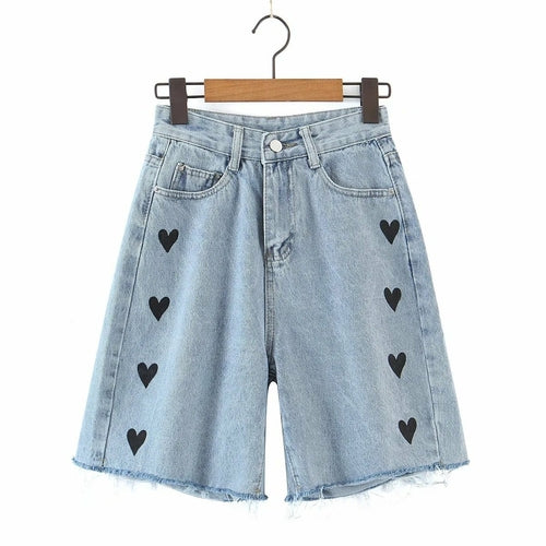 High-waist Embroidery Love Loose and Thin Wide-leg Jeans Shorts Women