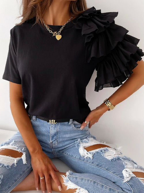 Summer Fashion Ruffle Short Sleeve Round Neck Ladies T-Shirt