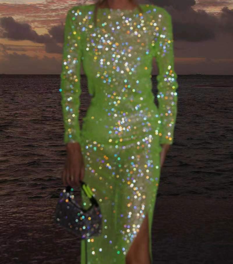 Sparkling Sheer Long Sleeve Dress with High Slit