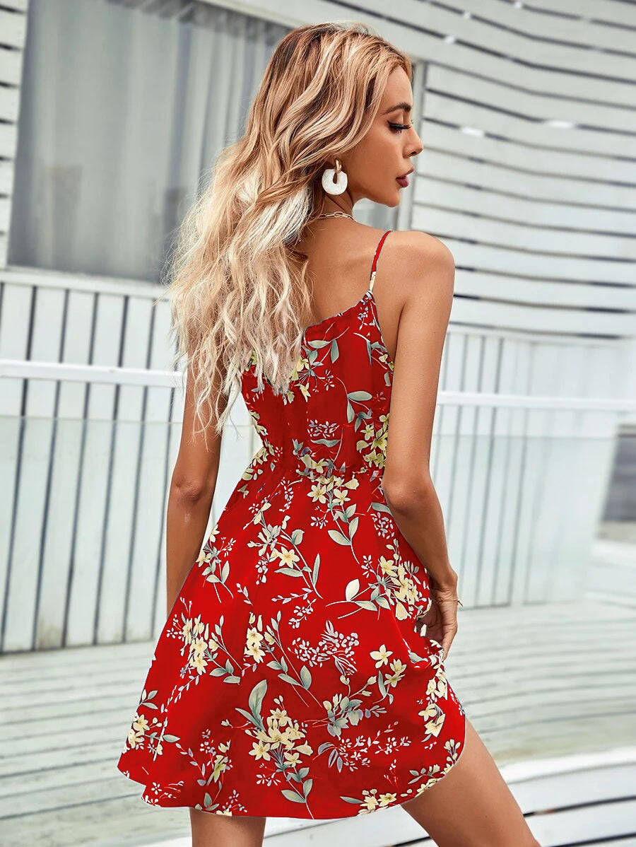 Elegant Sleeveless Printed Dress with Elastic Waist