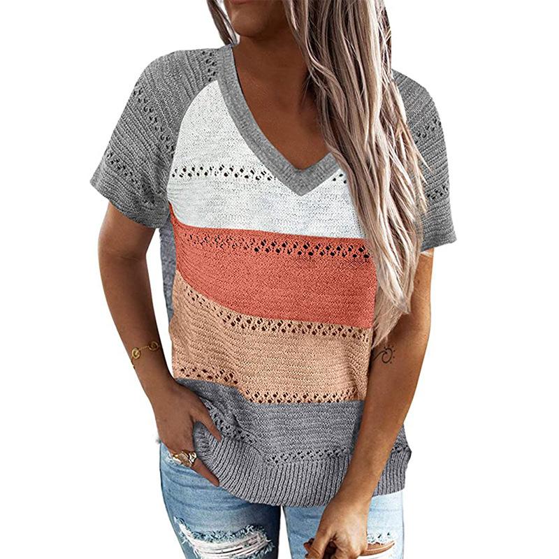 Patchwork Hooded Sweater Long Sleeve V-neck Knitted Sweater Casual