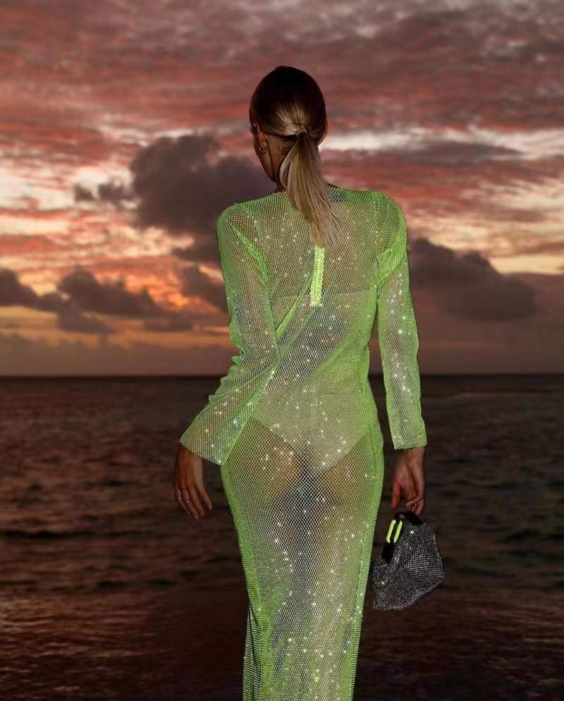 Sparkling Sheer Long Sleeve Dress with High Slit