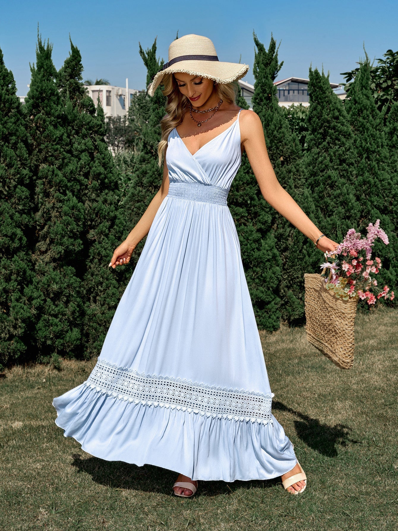 Solid Color V-neck Sleeveless Maxi Dress