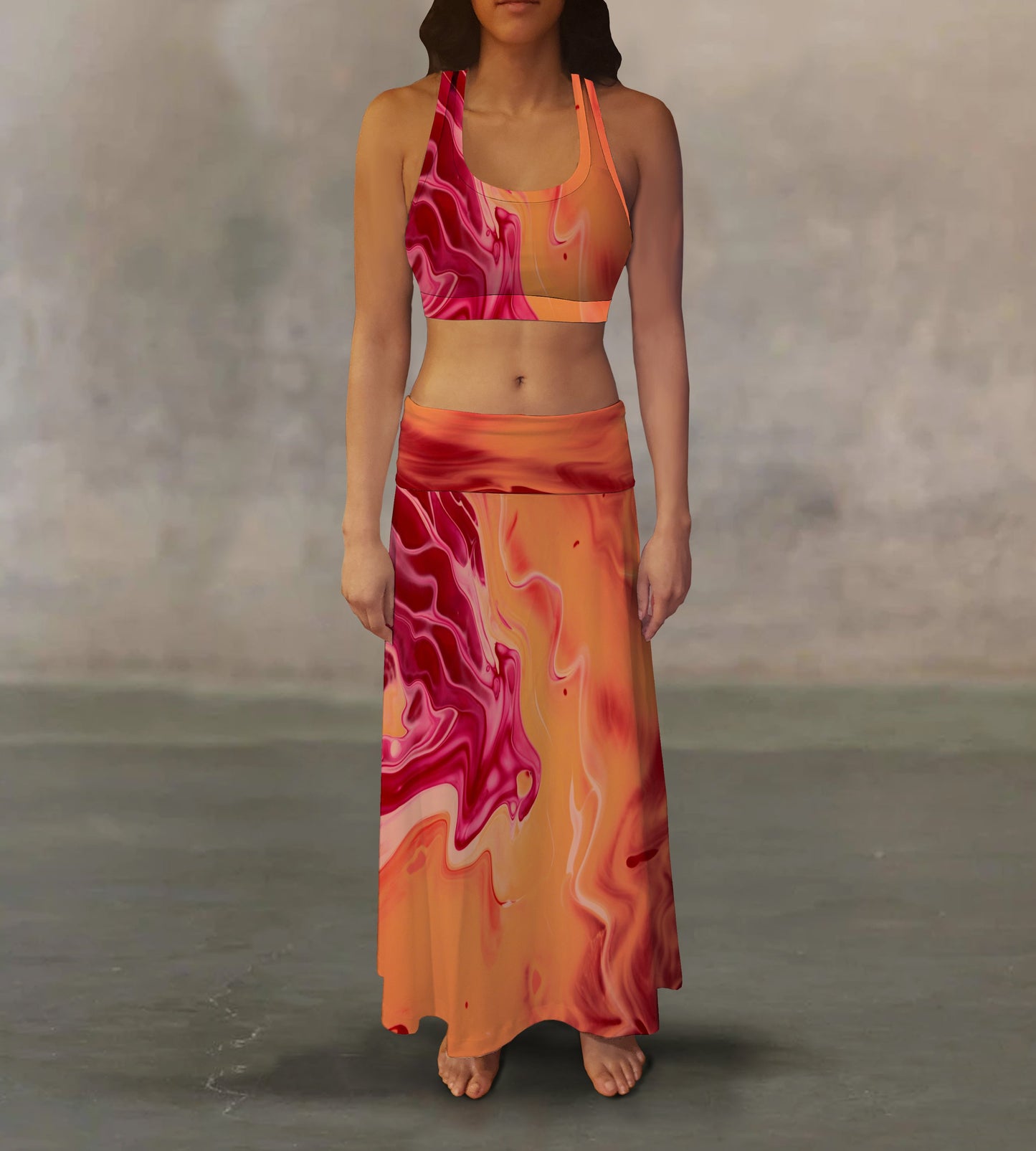Red Orange Liquid Maxi Skirt