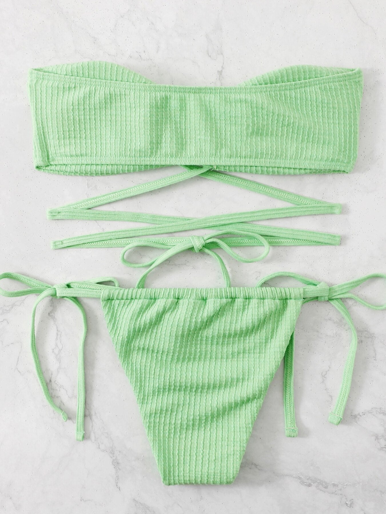 Ribbed Drawstring Strappy Bikini Swimsuit