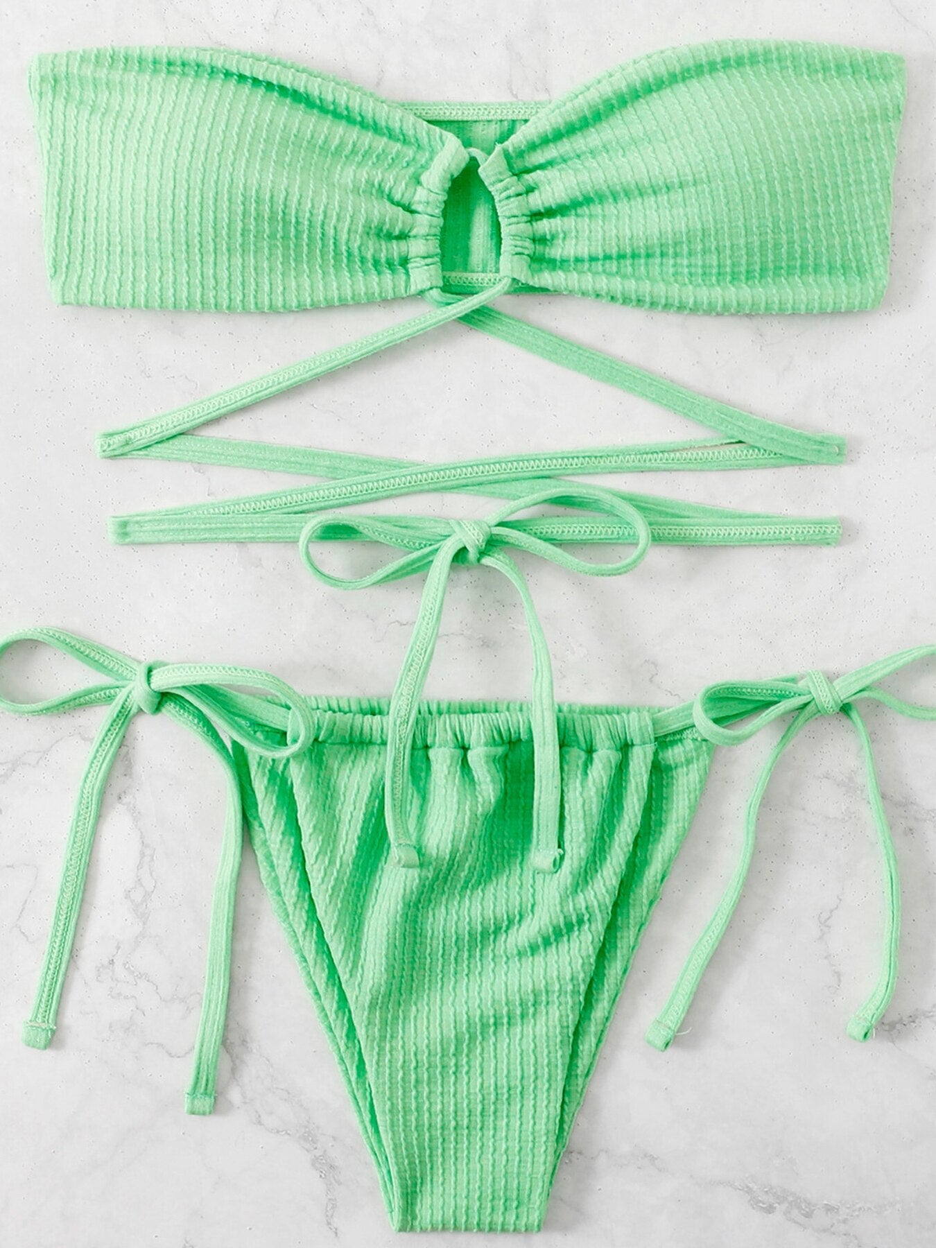 Ribbed Drawstring Strappy Bikini Swimsuit