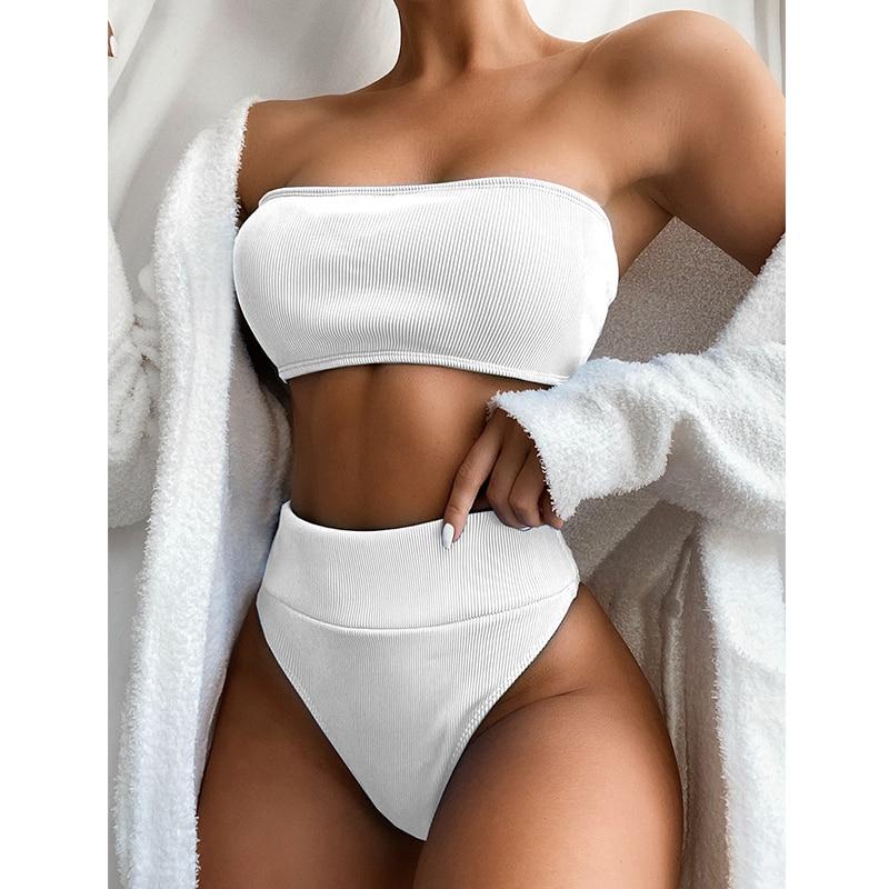 Ribbed Bandeau Bikinis Ribbed Swimsuit Female Strapless Sports