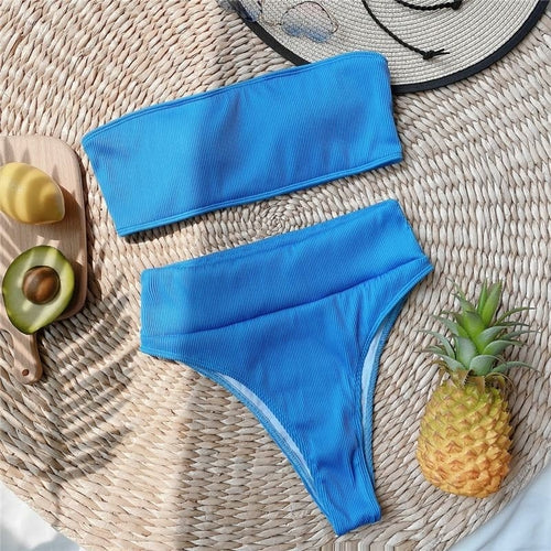 Ribbed Bandeau Bikinis Ribbed Swimsuit Female Strapless Sports