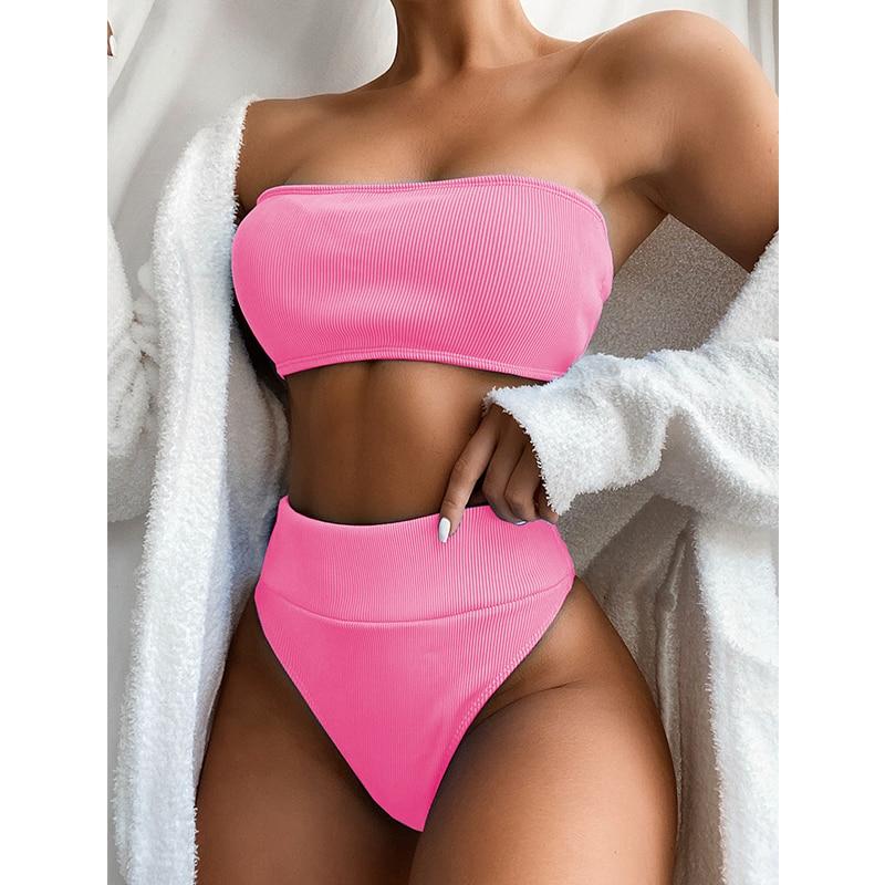 Ribbed Bandeau Bikinis Ribbed Swimsuit Female Strapless Sports
