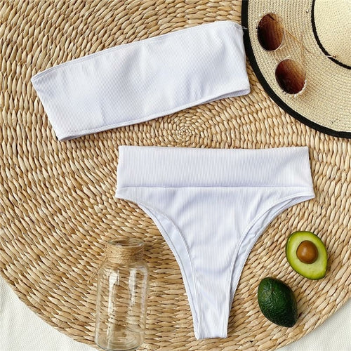 Ribbed Bandeau Bikinis Ribbed Swimsuit Female Strapless Sports