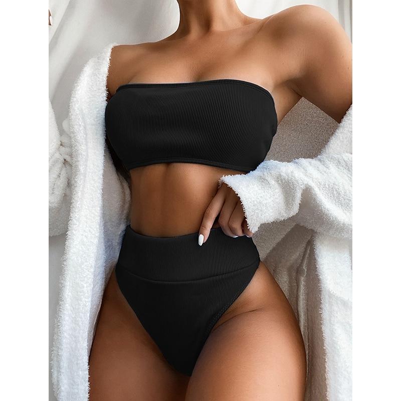 Ribbed Bandeau Bikinis Ribbed Swimsuit Female Strapless Sports