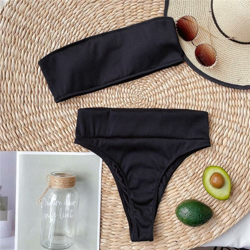 Ribbed Bandeau Bikinis Ribbed Swimsuit Female Strapless Sports