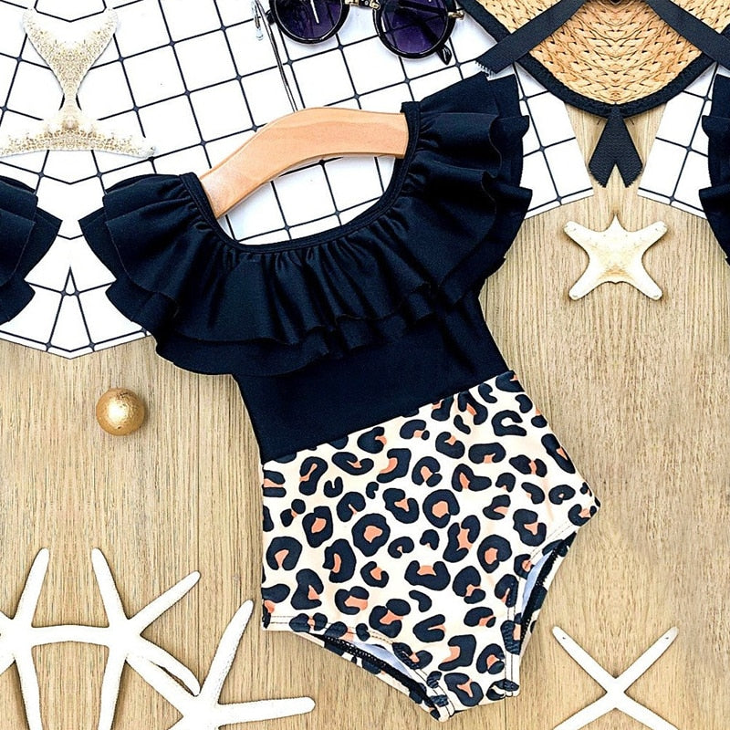 2023 Summer 1-5 years Girls Swimsuit One Piece Swimsuit Flower Leopard Printing Swimwear For Children Summer Bikini Bathing Suit