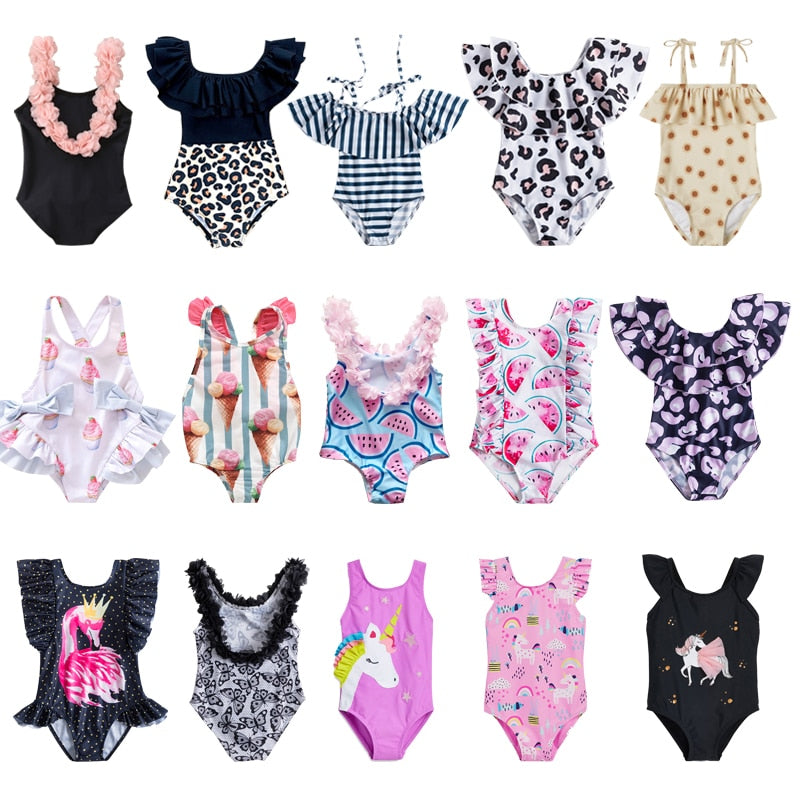 2023 Summer 1-5 years Girls Swimsuit One Piece Swimsuit Flower Leopard Printing Swimwear For Children Summer Bikini Bathing Suit