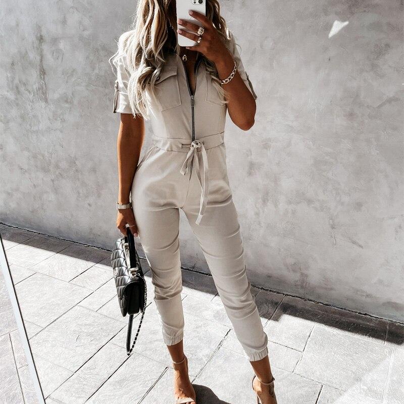 Sexy Zipper Office Ladies Belted Jumpsuit Romper