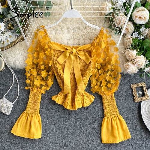 One Shoulder Chic Puff Sleeve Boho Blouse Women Hollow Out Smocking