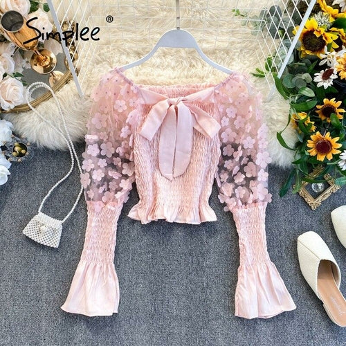 One Shoulder Chic Puff Sleeve Boho Blouse Women Hollow Out Smocking