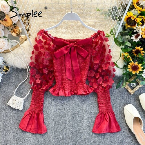 One Shoulder Chic Puff Sleeve Boho Blouse Women Hollow Out Smocking